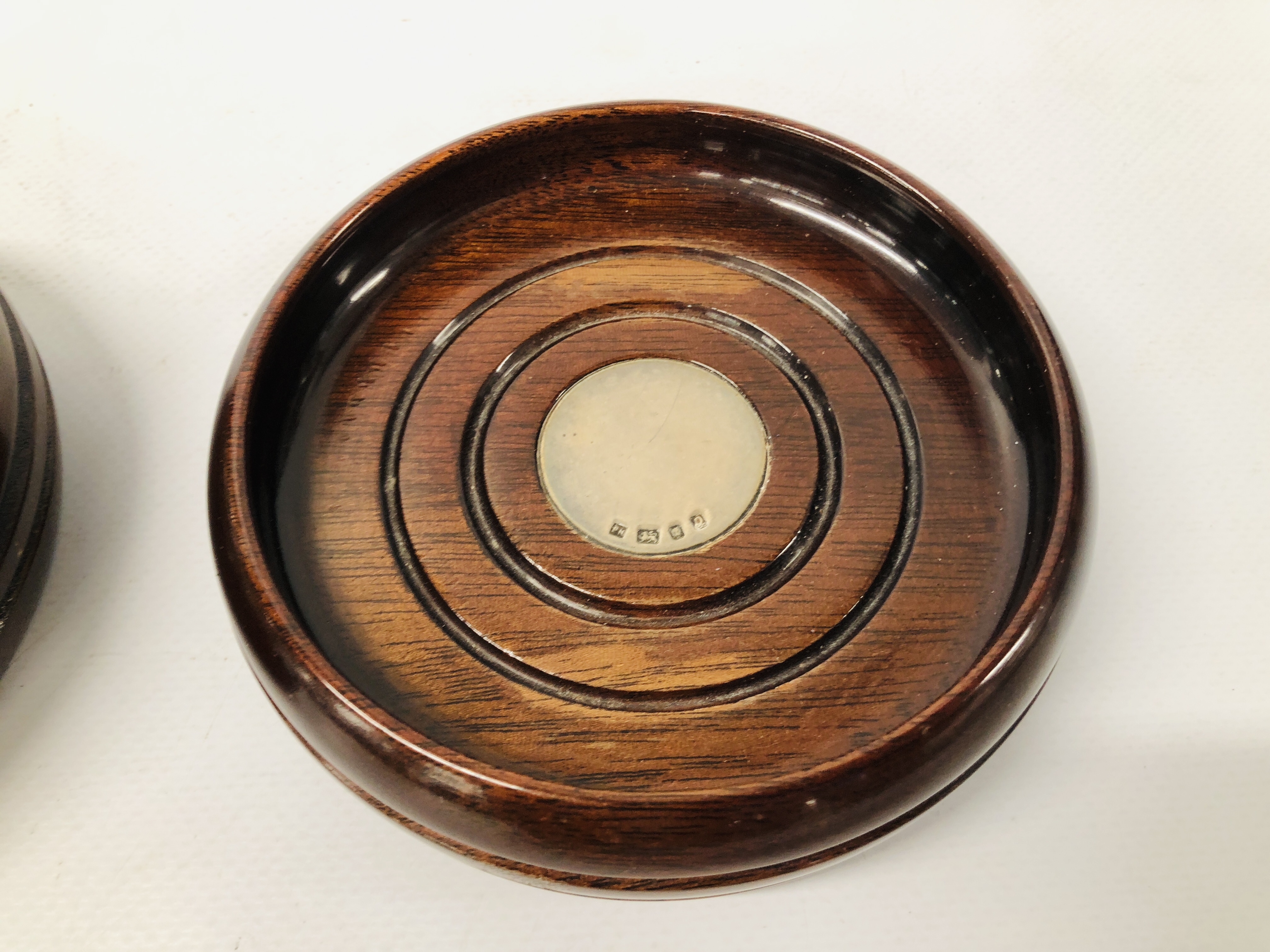 PAIR OF MAHOGANY WINE COASTERS WITH SILVER DISC INSERTS. - Image 5 of 7