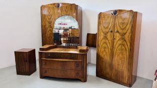 A MID CENTURY "AUSTIN SUITE" WALNUT BEDROOM SUITE COMPRISING DOUBLE WARDROBE W 125CM, D 54CM,