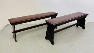 PAIR OF VINTAGE BENCHES, LEATHER AND STUD DETAIL WIDTH 121CM. DEPTH 30CM. HEIGHT 46CM.