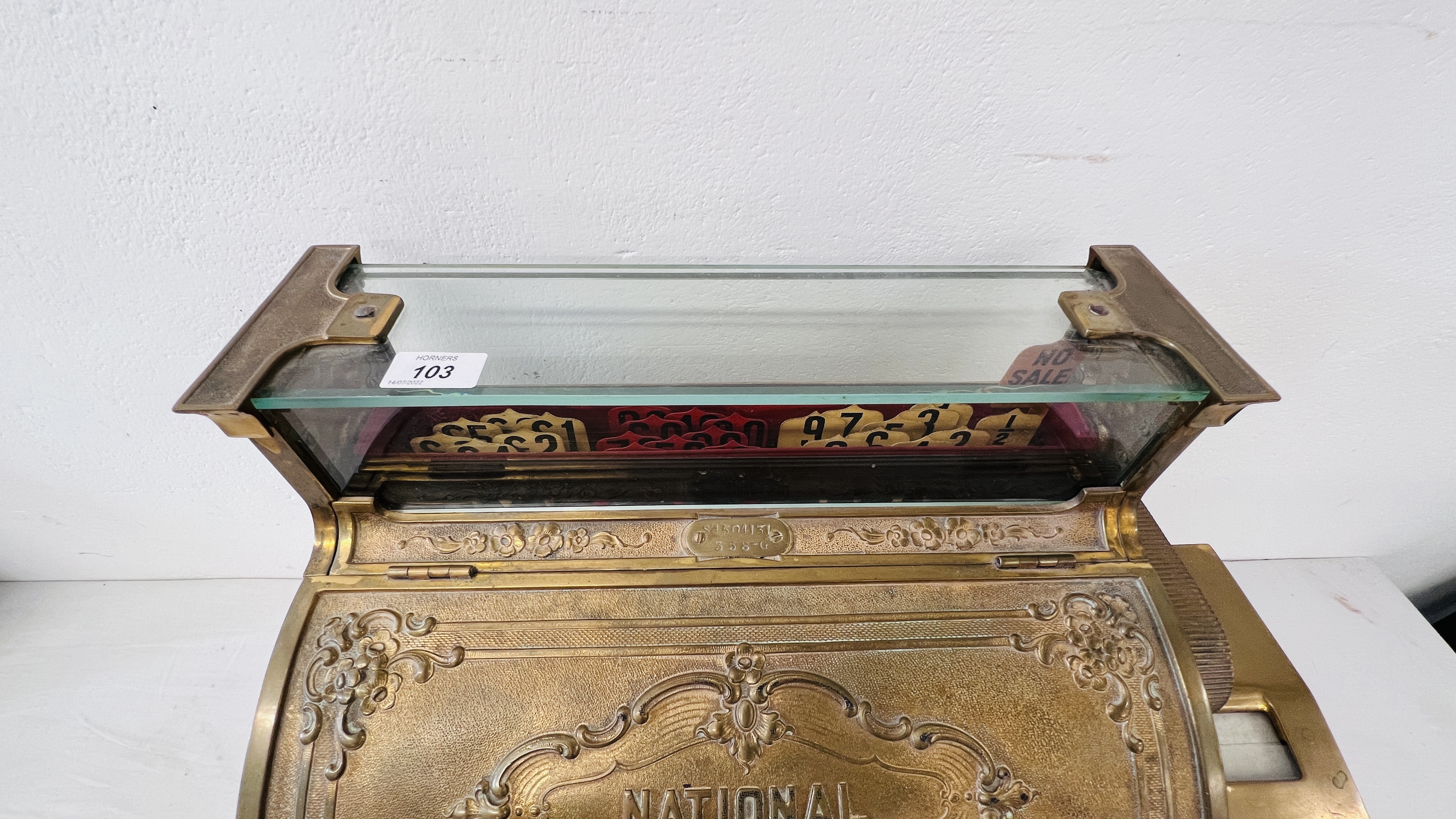 A LARGE 19TH CENTURY NATIONAL CASH REGISTER BRASS TILL - WIDTH 55CM BEARING PLAQUE S4504131358-G. - Image 20 of 24