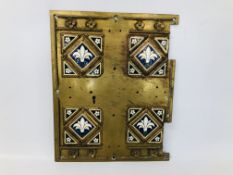 PUGIN STYLE BRASS AND ENAMELLED PANEL H 33CM X W 26.5CM.