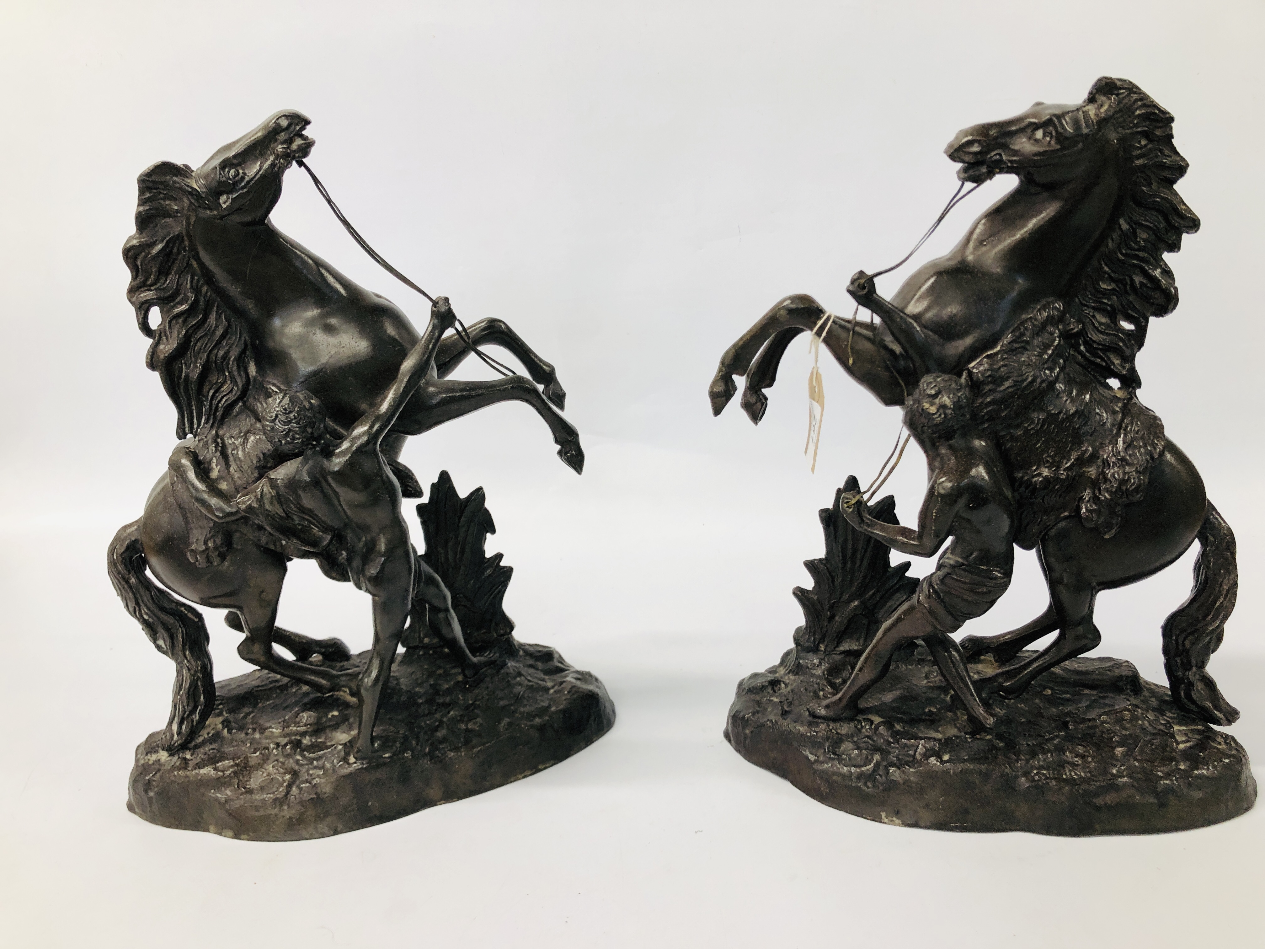 PAIR OF IMPRESSIVE SPELTER REARING HORSES HEIGHT 40CM.