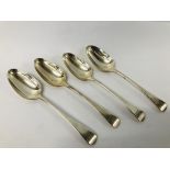 FOUR ANTIQUE STERLING SILVER OLD ENGLISH PATTERN SERVING SPOONS,