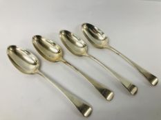 FOUR ANTIQUE STERLING SILVER OLD ENGLISH PATTERN SERVING SPOONS,