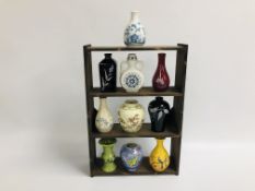 A COLLECTION OF NINE DYNASTY JAPAN AND KOREA POTTERY DISPLAY VASES AND ONE OTHER AVERAGE HEIGHT 8CM.