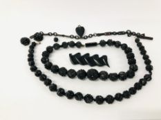 TWO VICTORIAN BLACK BEADED NECKLACES, PAIR OF EARRINGS,