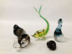 COLLECTION OF FIVE ART GLASS BIRDS AND ANIMALS ETC.