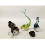 COLLECTION OF FIVE ART GLASS BIRDS AND ANIMALS ETC.