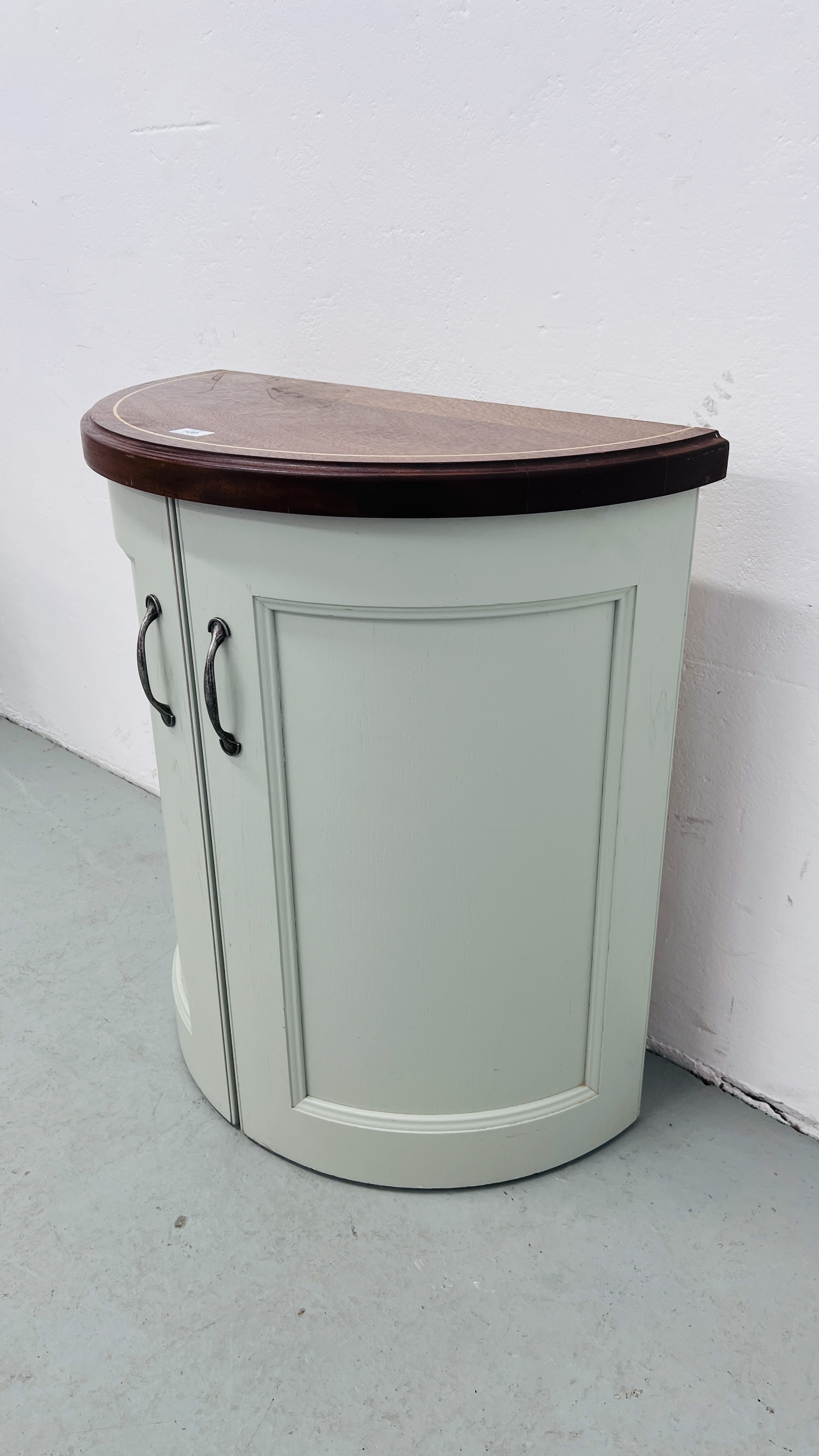 DEMI LUNE CUPBOARD WITH SOLID MAHOGANY TOP. - Image 3 of 7