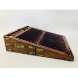 VINTAGE BRASS BOUND MAHOGANY WRITING SLOPE W 25CM X D 26CM X H 17.5CM.