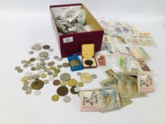 SHOE BOX OF ASSORTED COINAGE, VINTAGE MEDALS, BADGES AND BANK NOTES AND VARIOUS TEA CARDS, ETC.