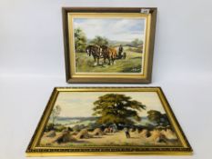 A FRAMED AND MOUNTED OIL ON BOARD OF CONTINENTAL FARMING HARVEST SCENE 44CM X 29CM ALONG WITH