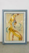 A CONTEMPORARY WATERCOLOUR LIFE STUDY OF FEMALE DANCER, INDISTINCT SIGNATURE - 95 X 61CM,