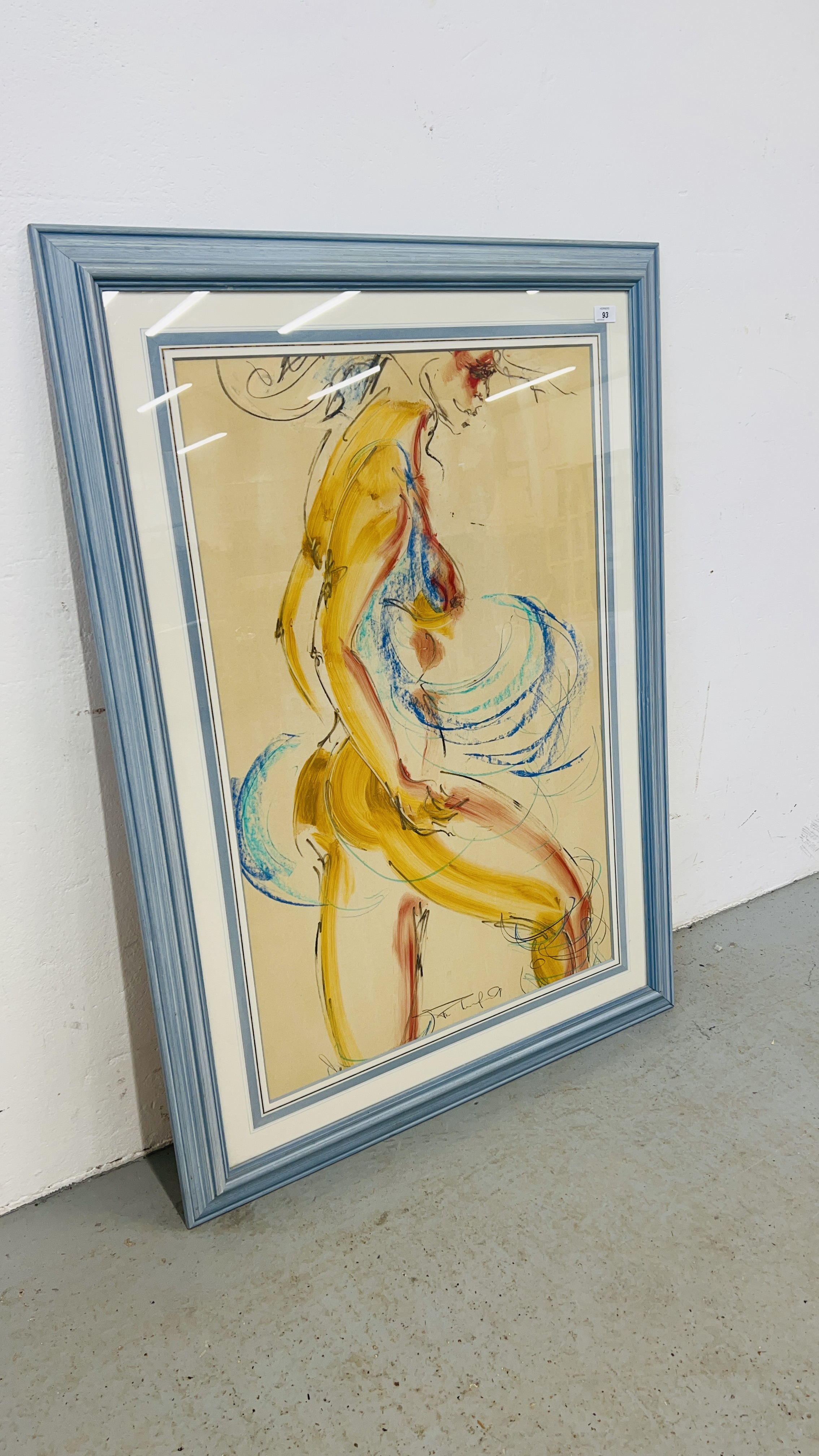 A CONTEMPORARY WATERCOLOUR LIFE STUDY OF FEMALE DANCER, INDISTINCT SIGNATURE - 95 X 61CM, - Image 4 of 5