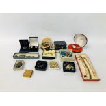 A BOX OF ASSORTED JEWELLERY INCLUDING A PAIR OF "KIT HEATH" SILVER EARRINGS AND A SILVER NECKLACE.