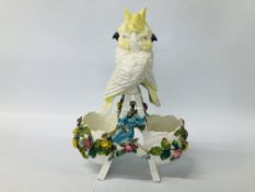 A LATE C19TH MAJOLICA STYLE BASKET ENCRUSTED WITH ROSES AND SURMOUNTED BY TWO COCKATOOS (SIGNS OF