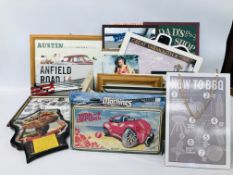 BOX OF ASSORTED MODERN TIN ADVERTISING SIGNS.
