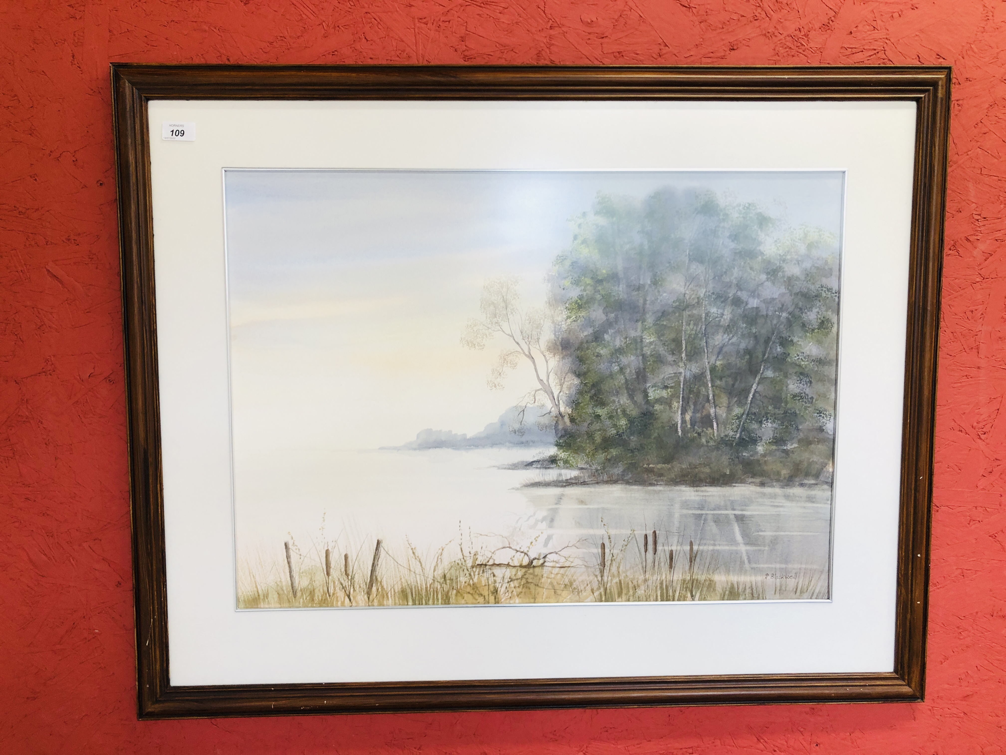 A FRAMED AND MOUNTED WATERCOLOUR "LAKE SIDE" BEARING SIGNATURE C. BLACKWELL 74CM X 53CM.