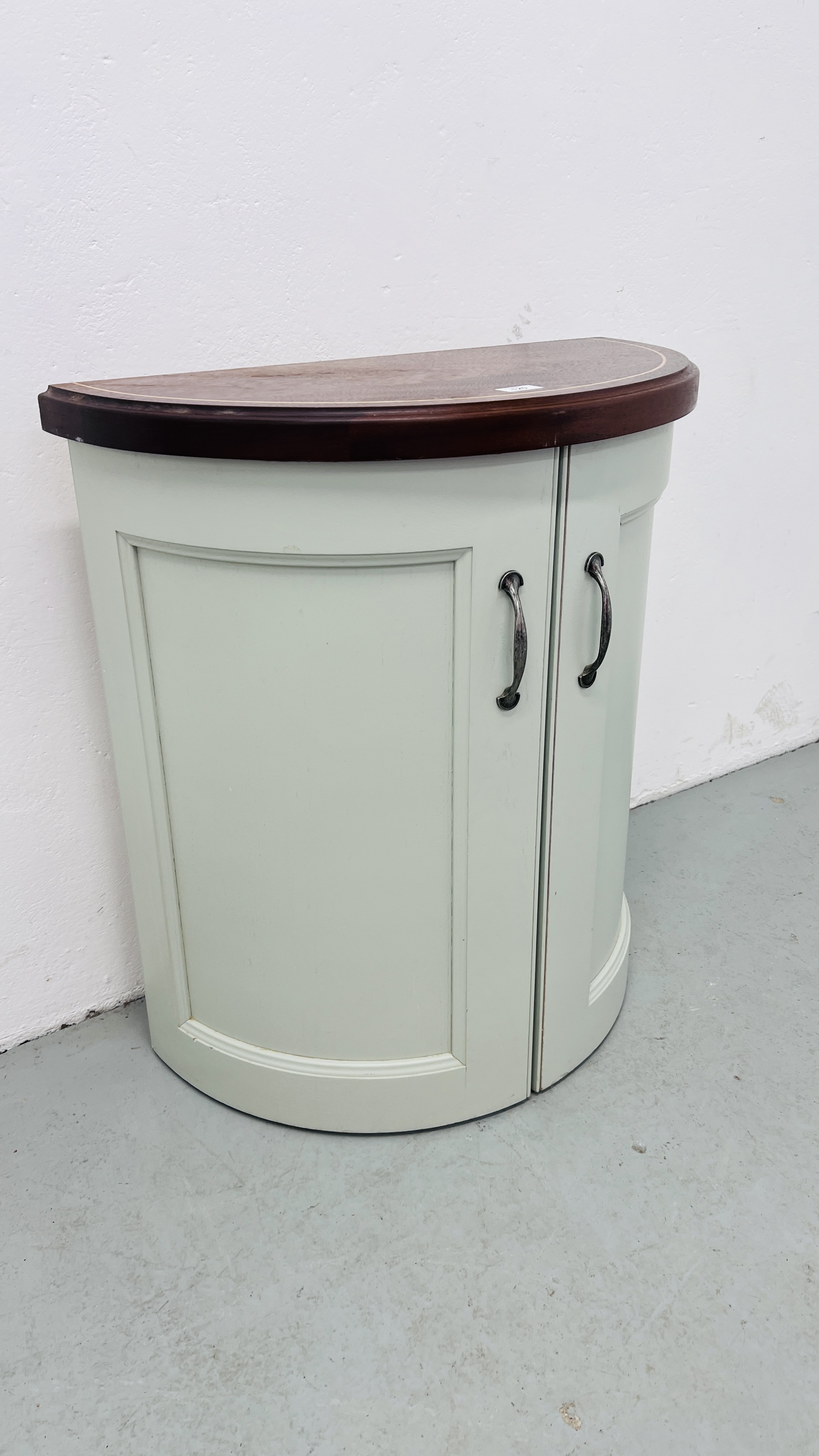 DEMI LUNE CUPBOARD WITH SOLID MAHOGANY TOP. - Image 2 of 7