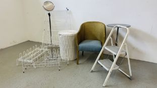 A WHITE WICKER LAUNDRY BASKET AND A 1950's WOVEN BEDROOM CHAIR, VARIOUS SHOE RACKS, 2 LINEN HORSES,