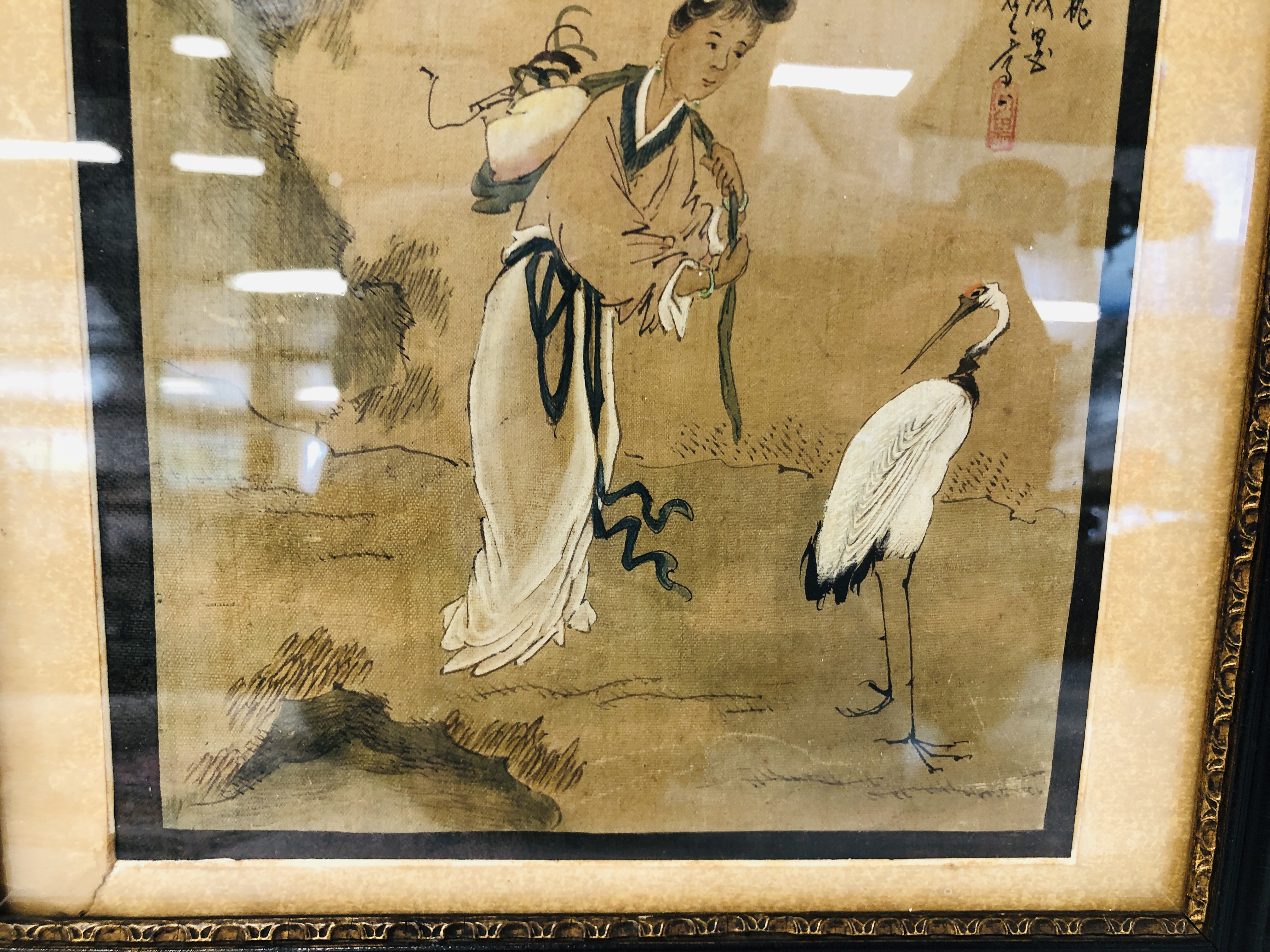 A PAIR OF ORIENTAL WATERCOLOURS OF BOY & MAN AND WOMEN & STALK H 24CM , W 19.5CM. - Image 4 of 8