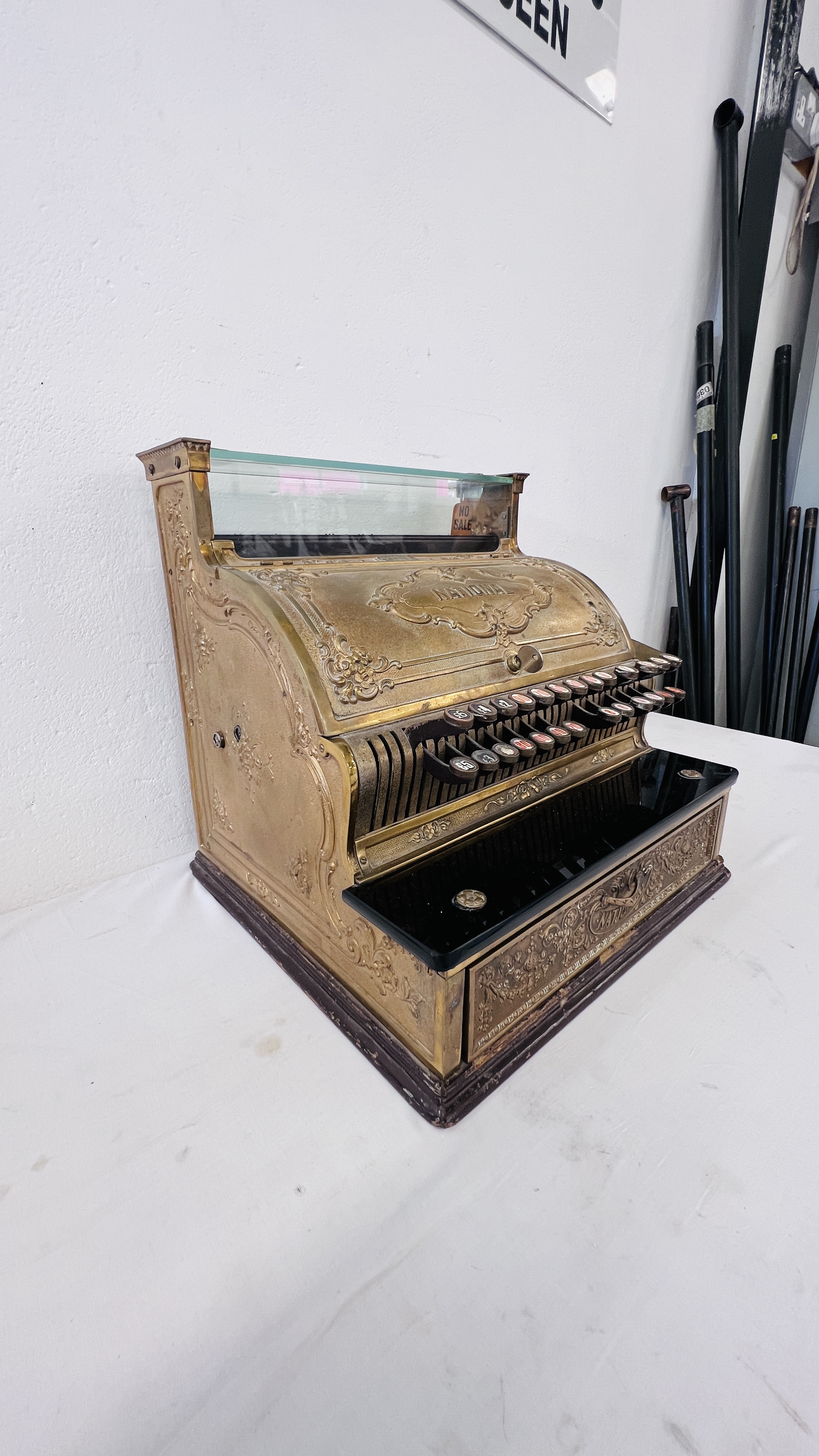 A LARGE 19TH CENTURY NATIONAL CASH REGISTER BRASS TILL - WIDTH 55CM BEARING PLAQUE S4504131358-G. - Image 2 of 24