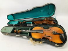 TWO VINTAGE VIOLINS IN FITTED HARDCASES.