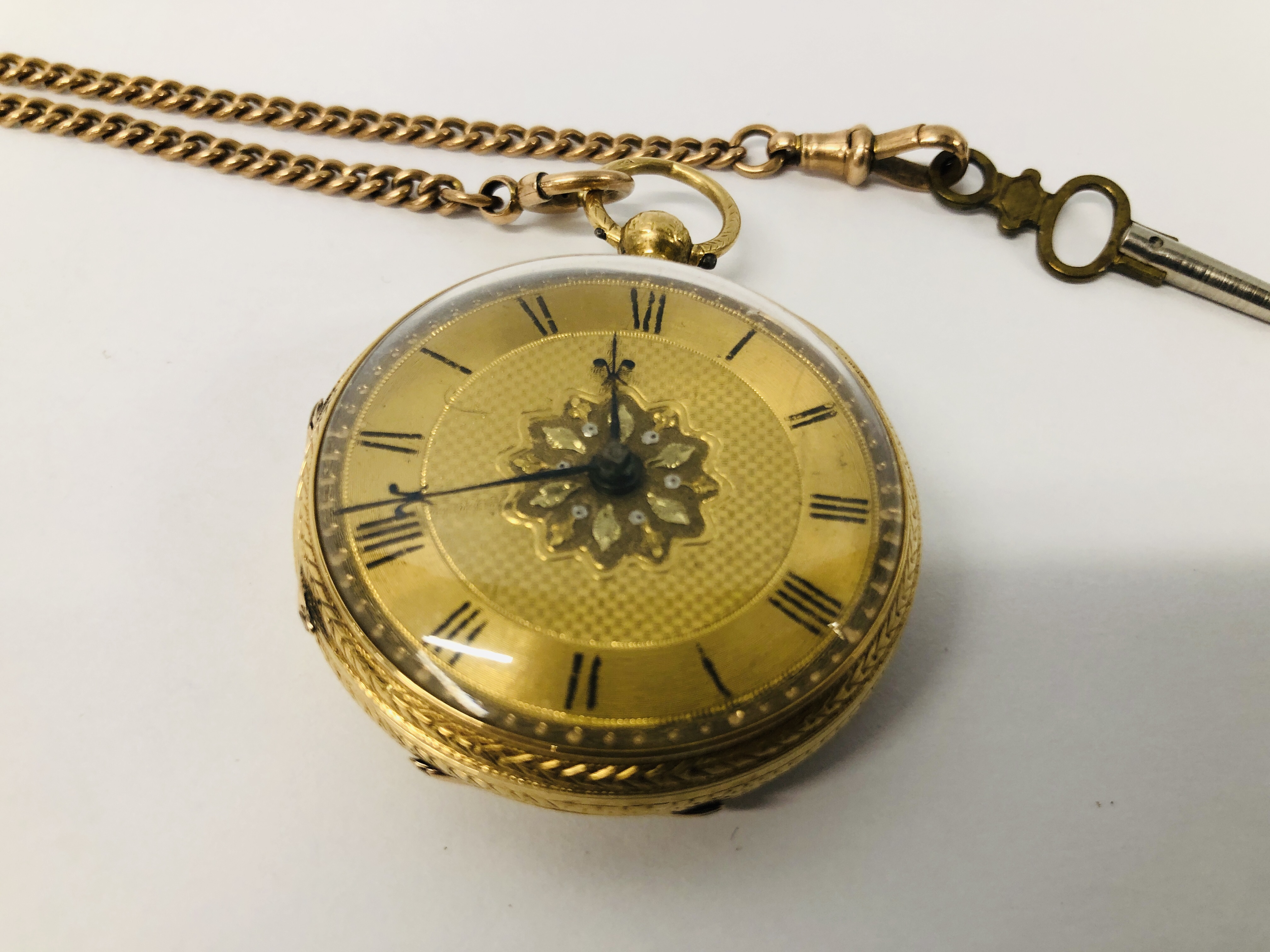 18CT GOLD CASED POCKET WATCH ON 9CT GOLD WATCH CHAIN PLUS VINTAGE YELLOW METAL FOB MARKED 10. - Image 3 of 17