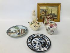 VARIOUS CERAMICS TO INCLUDE TWO TEAPOTS TO INCLUDE EGG SHELL,