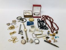 A BOX OF MIXED COLLECTIBLES AND JEWELLERY.