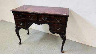 REPRODUCTION FOUR DRAWER WRITING DESK, TOOLED LEATHER INSERT WIDTH 99CM. DEPTH 48CM. HEIGHT 78CM.