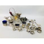 BOX OF ASSORTED PLATED WARE TO INCLUDE SALTS, SERVIETTE RINGS, SERVING SPOONS, CHAMBER STICK ETC.