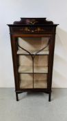 EDWARDIAN STYLE GLAZED DISPLAY CABINET WITH HAND PAINTED DECORATION WIDTH 60CM. DEPTH 30CM.