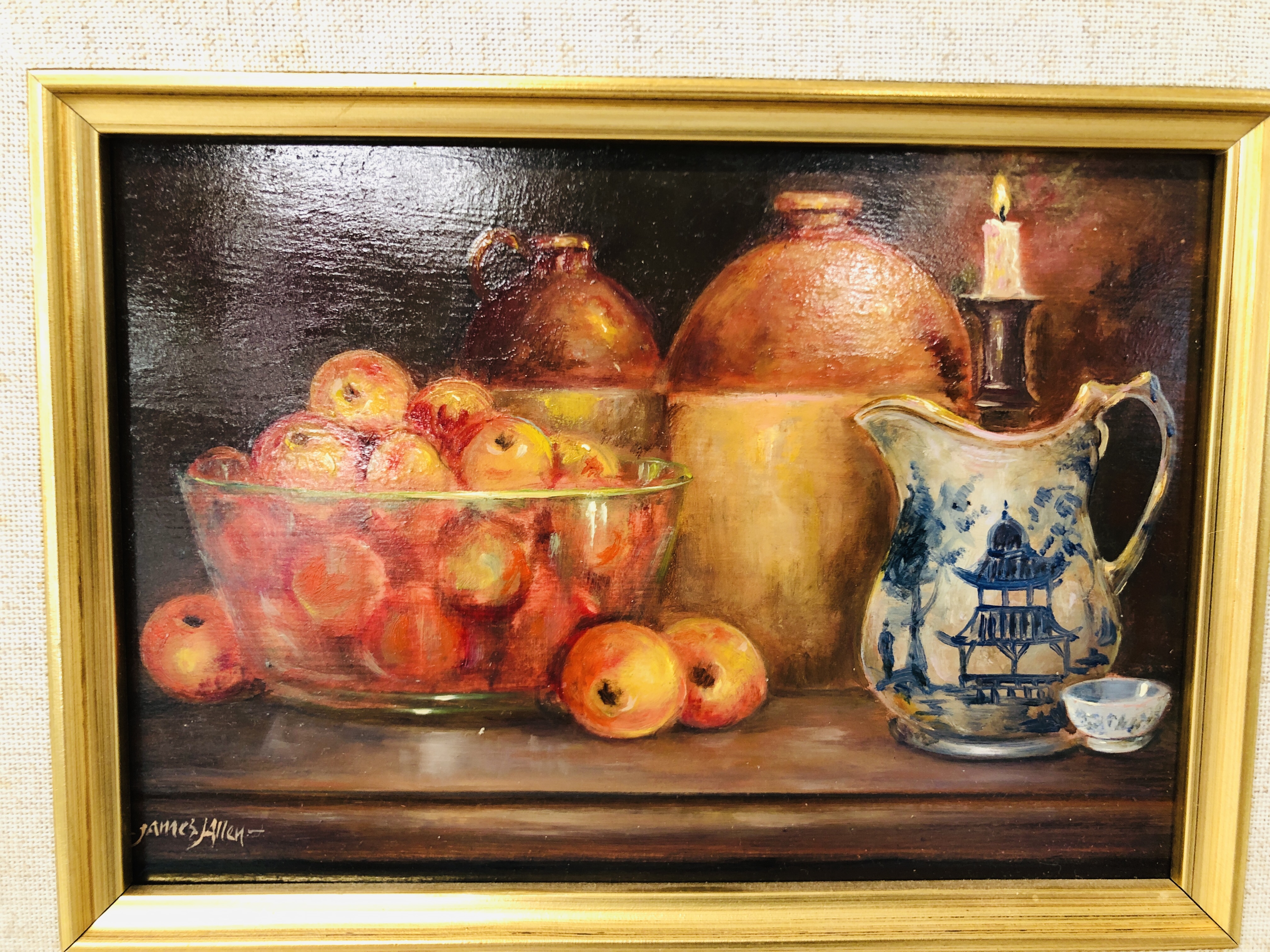 TWO FRAMED AND MOUNTED OIL ON BOARD STILL LIFE'S BEARING SIGNATURE JAMES ALLEN. - Image 3 of 9