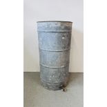 A LARGE GALVANISED WATER BUTT A/F HEIGHT 122CM. DIAMETER. 62CM.