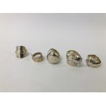 FIVE ASSORTED DESIGNER HAND CRAFTED SILVER RINGS