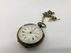 VINTAGE BRASS CASED POCKET WATCH MARKED MARINE CHRONOGRAPH ON A VINTAGE WATCH CHAIN