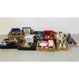 11 X BOXES CONTAINING DECORATIVE EFFECTS TO INCLUDE DOG ORNAMENTS, GLASS WARE, FANTASY FIGURES,