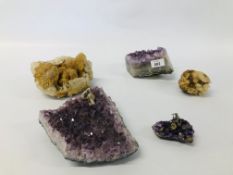 FIVE PIECES OF NATURAL CRYSTAL TO INCLUDE AMETHYST ETC.