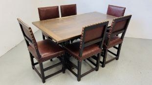 HEAVY OAK STAINED DINING TABLE STRETCHER BASE ALONG WITH SIX BROWN LEATHER UPHOLSTERED DINING