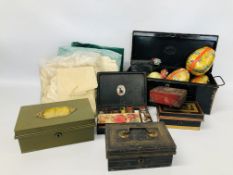 BOX OF ASSORTED COLLECTIBLES TO INCLUDE VINTAGE MONEY TINS, PAINT PALLET, HAND DECORATED EGG,