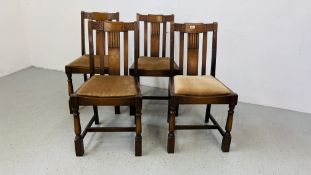 A SET OF FOUR OAK FRAMED 1940'S DINING CHAIRS