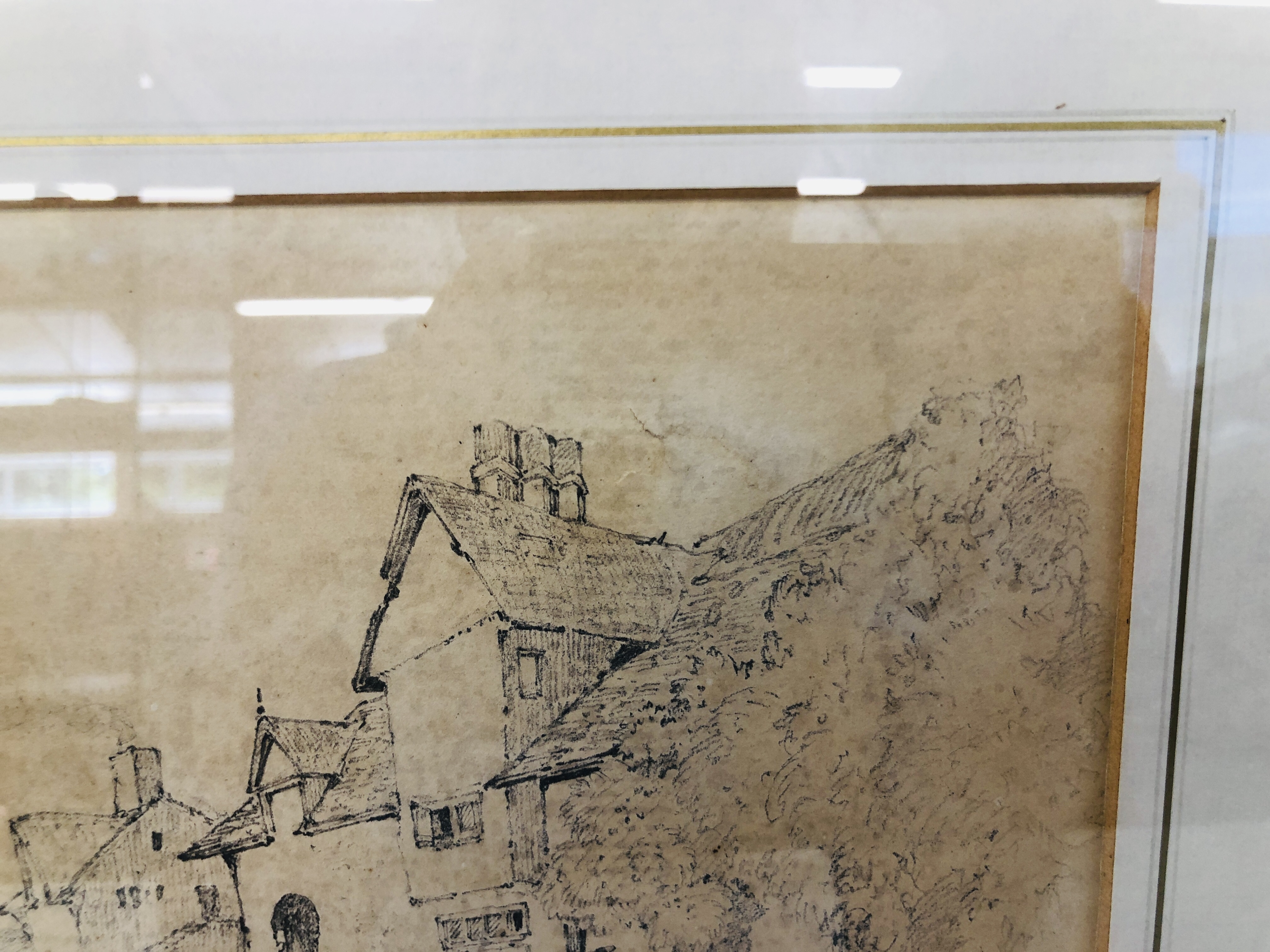 A FRAMED AND MOUNTED PENCIL SKETCH OF VILLAGE SCENE ATTRIBUTED TO COTMAN SOME DAMAGE 18.5CM. - Image 5 of 10