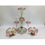 VICTORIAN VASALINE EPERGNE GLASS WITH HANGING BASKETS (BASKETS A/F) H 54CM ALONG WITH A PAIR OF