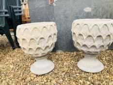 A PAIR OF STONEWORK PINEAPPLE DESIGN PEDESTAL GARDEN PLANTERS DIAMETER 40CM, HEIGHT 50CM.