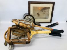 VINTAGE OAK FINISH MANTEL CLOCK, FOUR VINTAGE TENNIS RACKETS TO INCLUDE DUNLOP, MITRE,