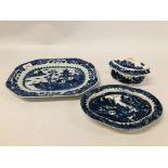 CAUGHLEY BLUE AND WHITE PRINTED TUREEN AND STAND,