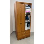 AN ALSTONS CHERRYWOOD FINISH COMBINATION WARDROBE WITH MIRRORED DOOR AND DRAWERS TO BASE W 76CM,