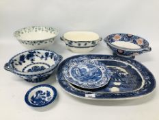 COLLECTION OF ASSORTED VINTAGE CHINA TO INCLUDE BLUE AND WHITE WILLOW PATTERN PLATE,