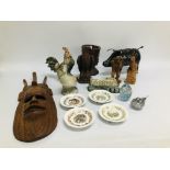 ETHNIC HARDWOOD WALL MASK, PAIR OF CARVED FIGURES, HARDWOOD THREE FACED DRINKING VESSEL,